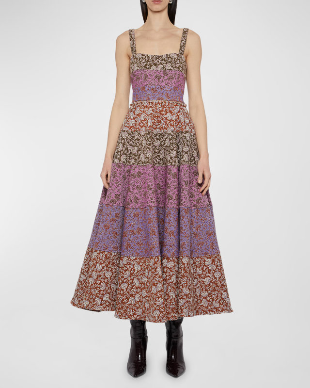 Button-Waist Tiered Floral-Print Midi Sundress