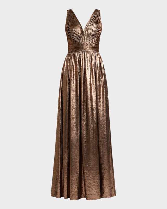 Pleated Metallic Georgette Gown
