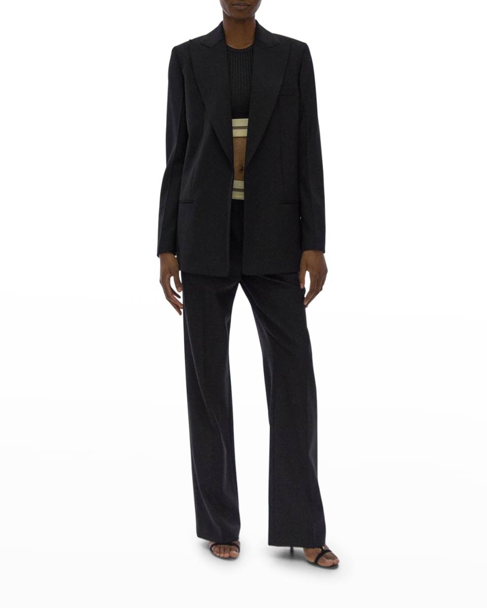 Padded-Shoulder Open Front Blazer