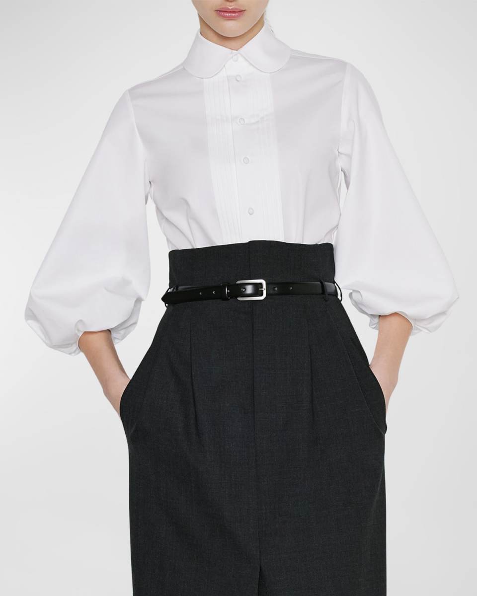 Silk Puff-Sleeve Button-Front Shirt