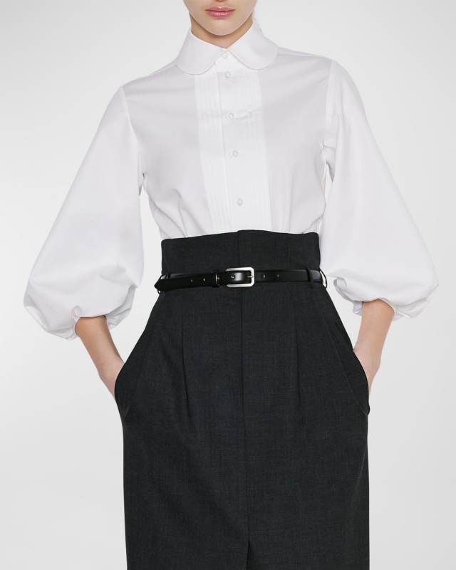 Silk Puff-Sleeve Button-Front Shirt