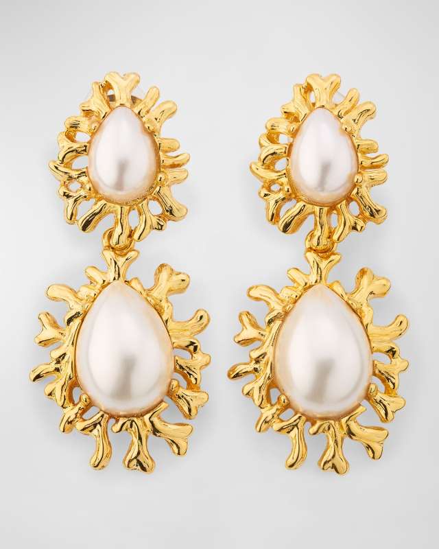 Sea Branch Drop Clip Earrings with Cabochon Centers