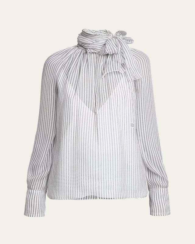 Tie-Neck Sheer Dotted Silk Blouse