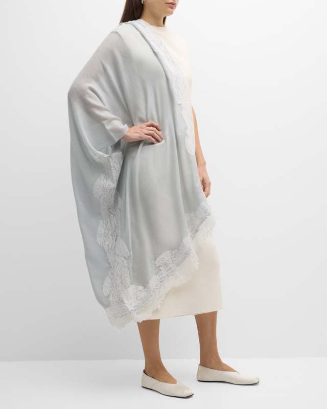 Gray Lace Trim Cashmere & Silk Evening Wrap
