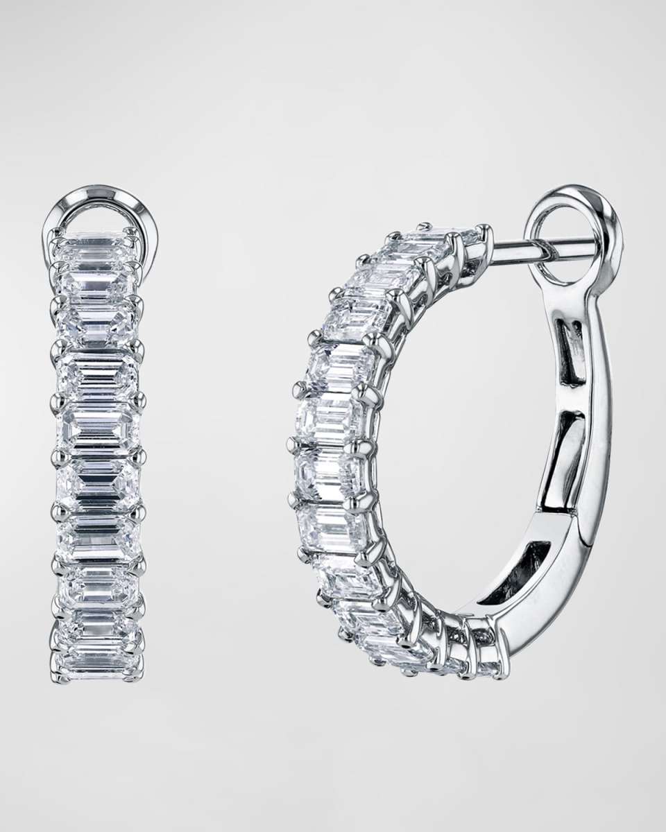 18K Gold Emerald-Cut Diamond Halfway Huggie Hoop Earrings, 3.6tcw/0.75"L