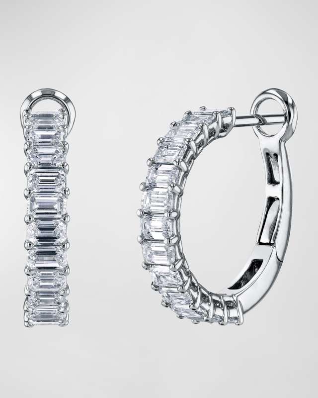 18K Gold Emerald-Cut Diamond Halfway Huggie Hoop Earrings, 3.6tcw/0.75"L