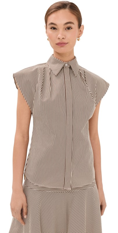 Brandon Maxwell The Gabi Shirt with Pleated Shoulders Chocolate Stripe