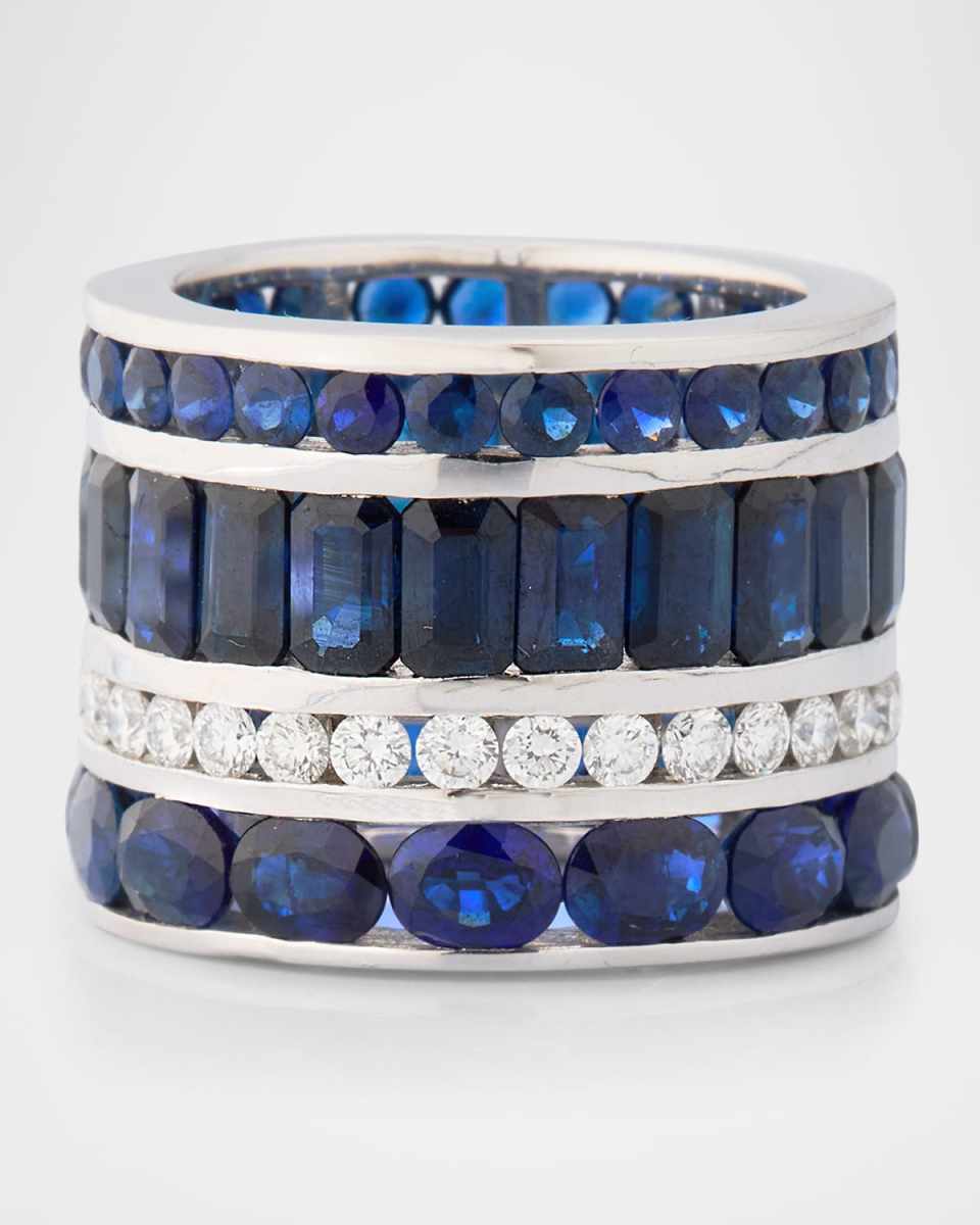 18K White Gold 4-Row Sapphire and Diamond Band