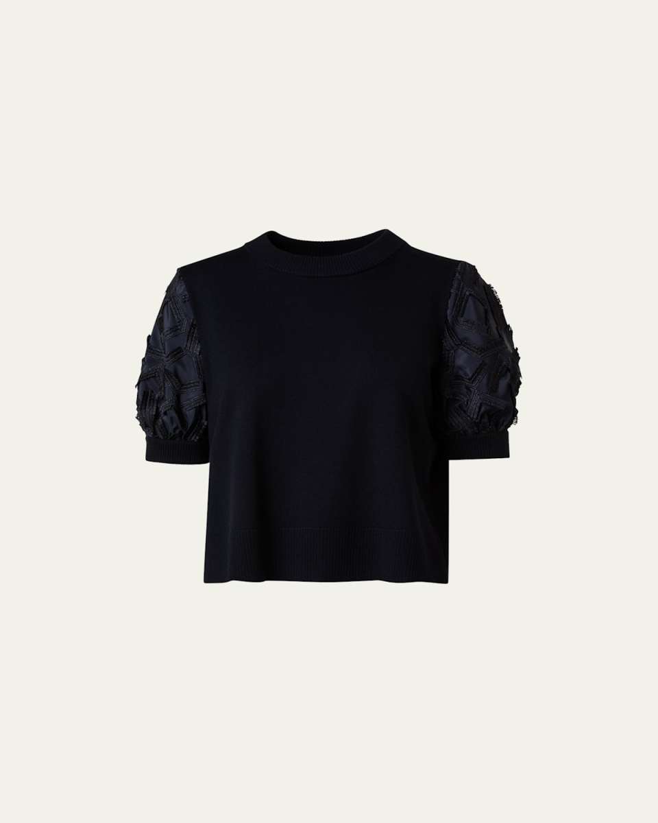 Wool Knit Top with Embroidered Bishop Sleeves