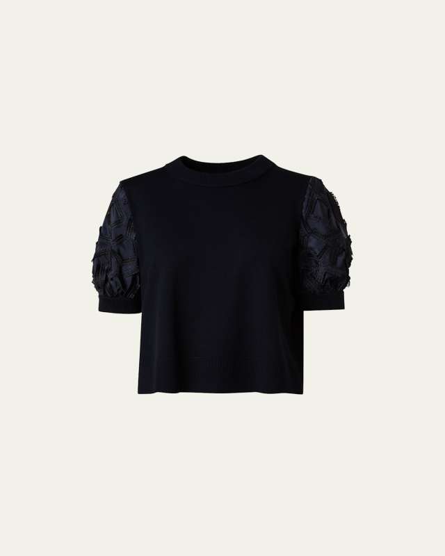 Wool Knit Top with Embroidered Bishop Sleeves