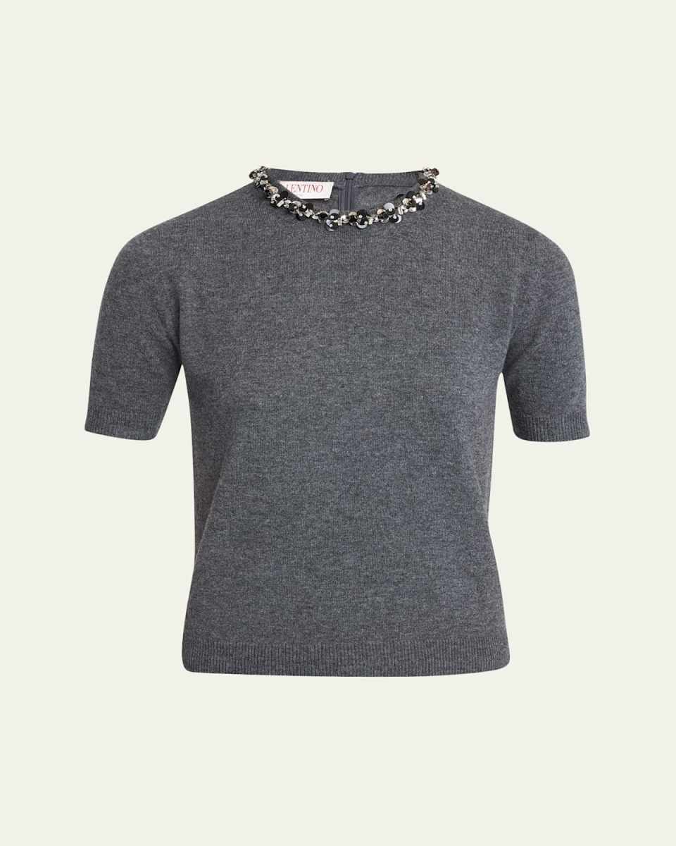 Wool Knit Sweater with Embroidered Neckline