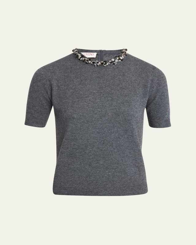 Wool Knit Sweater with Embroidered Neckline