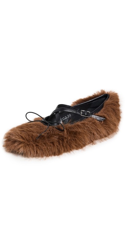 Simone Rocha Faux Fur Crisscross Ballerina Flats Brown
