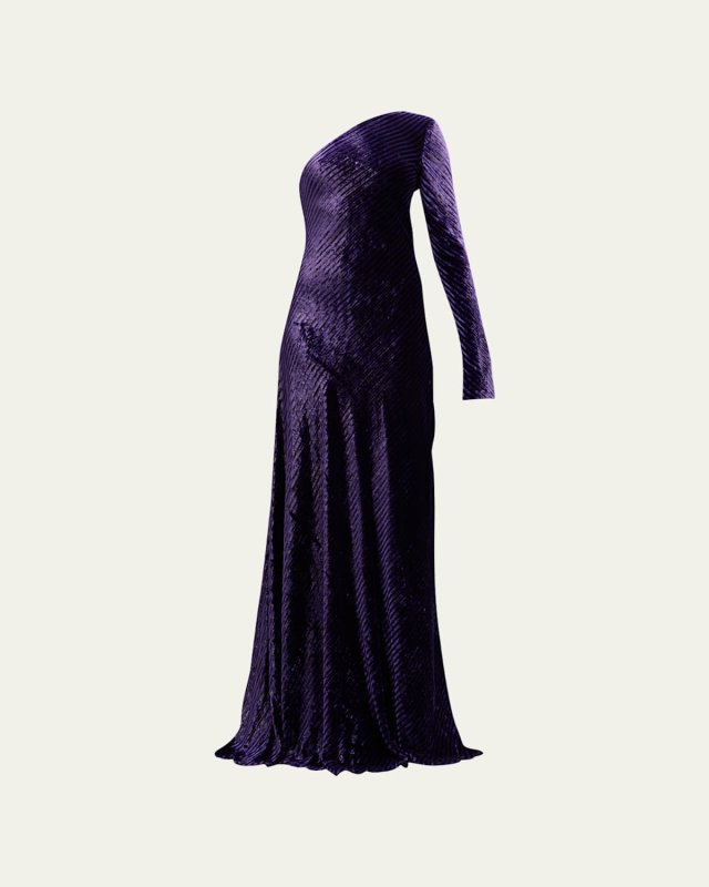 Metallic Striped Velvet One-Shoulder Long-Sleeve Gown