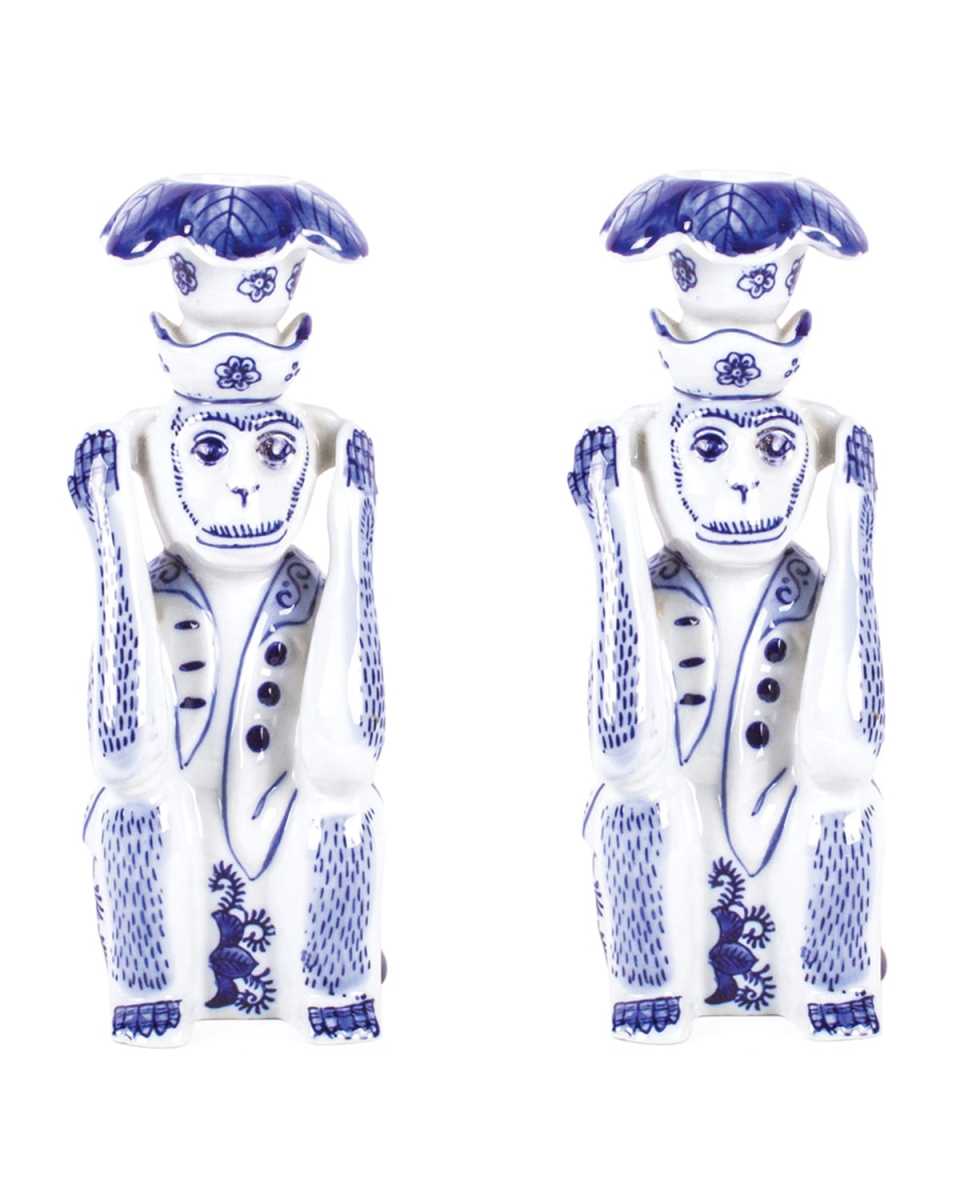 Hear No Evil Porcelain Candlesticks, Set of 2