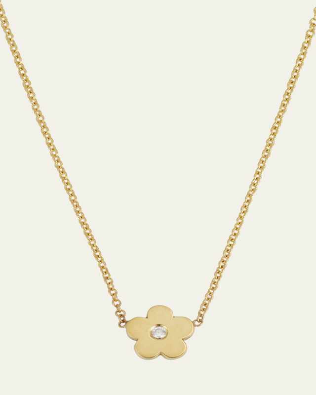 18K Yellow Gold Mini Daisy Necklace with Diamond Center
