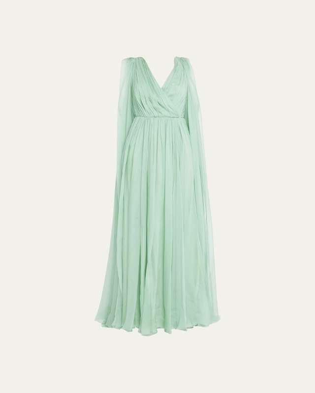 Cape-Sleeves Pleated Chiffon Gown