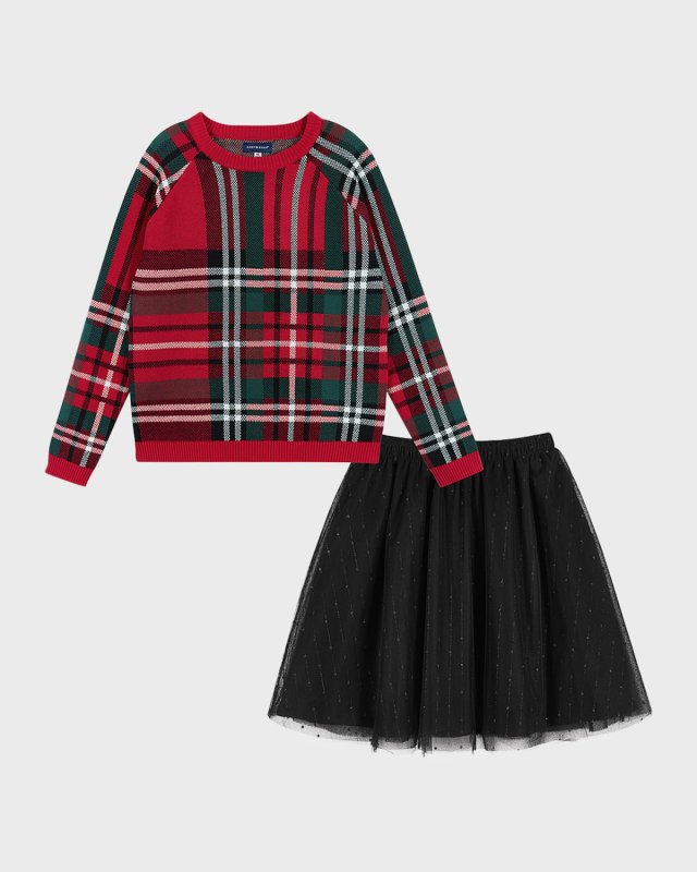Girl's Plaid-Print Sweater W/ Tulle Skirt, Size 7-