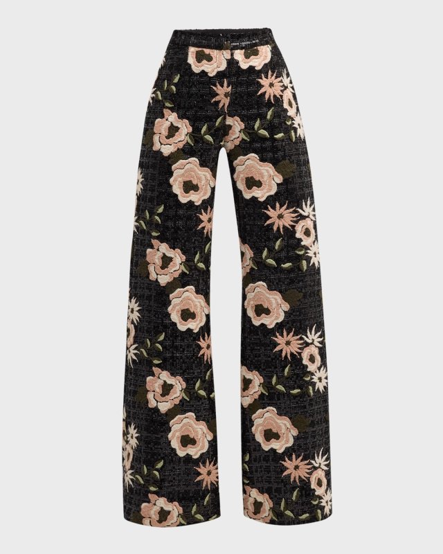 Tweed Floral-Embroidered Pants