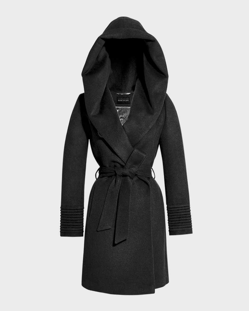 Mid-Length Hooded Baby Alpaca Wrap Coat