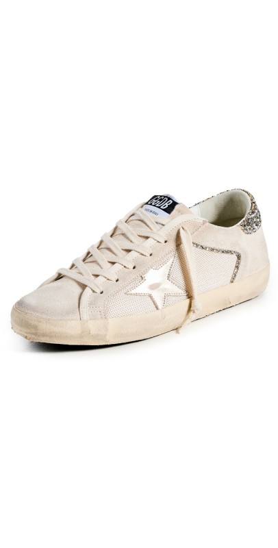 Golden Goose Super-Star Double Quarter with List Net and Suede Upper Laminated Star Glitter Heel Sneakers PLATINUM/CREAM