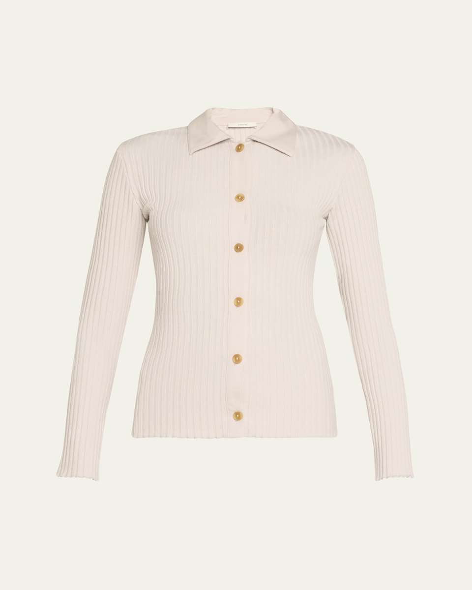 Ribbed Long-Sleeve Button-Front Polo Shirt