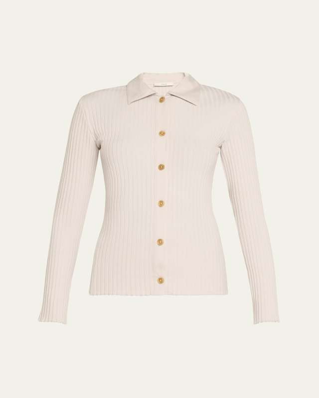 Ribbed Long-Sleeve Button-Front Polo Shirt