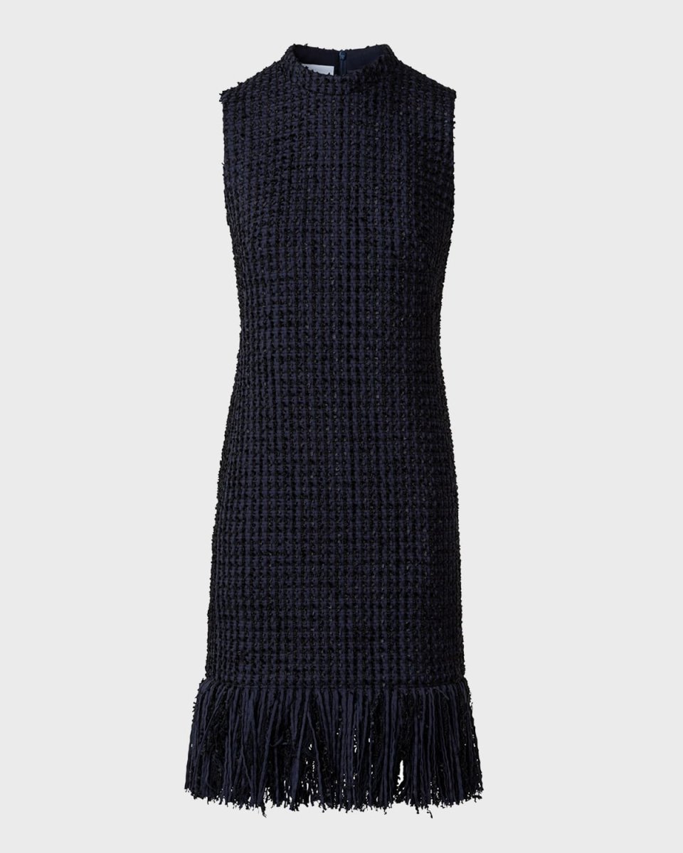 Chunky Tweed Sheath Dress with Fringed Hem