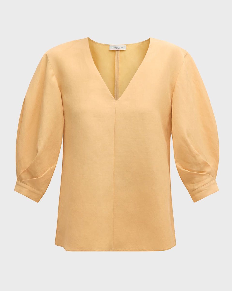 Pleated Blouson-Sleeve Silk-Linen Blouse