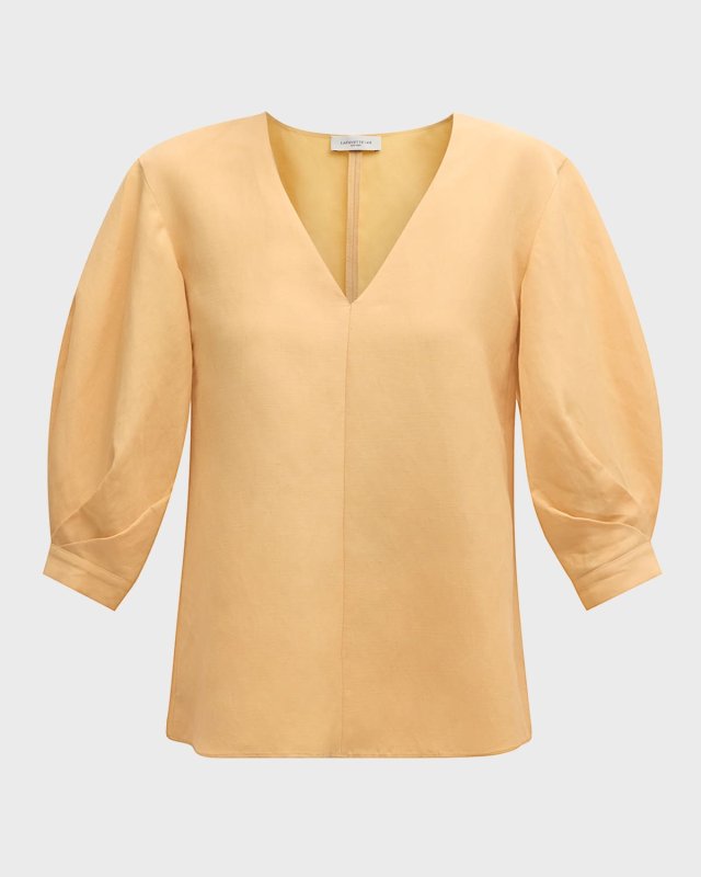 Pleated Blouson-Sleeve Silk-Linen Blouse