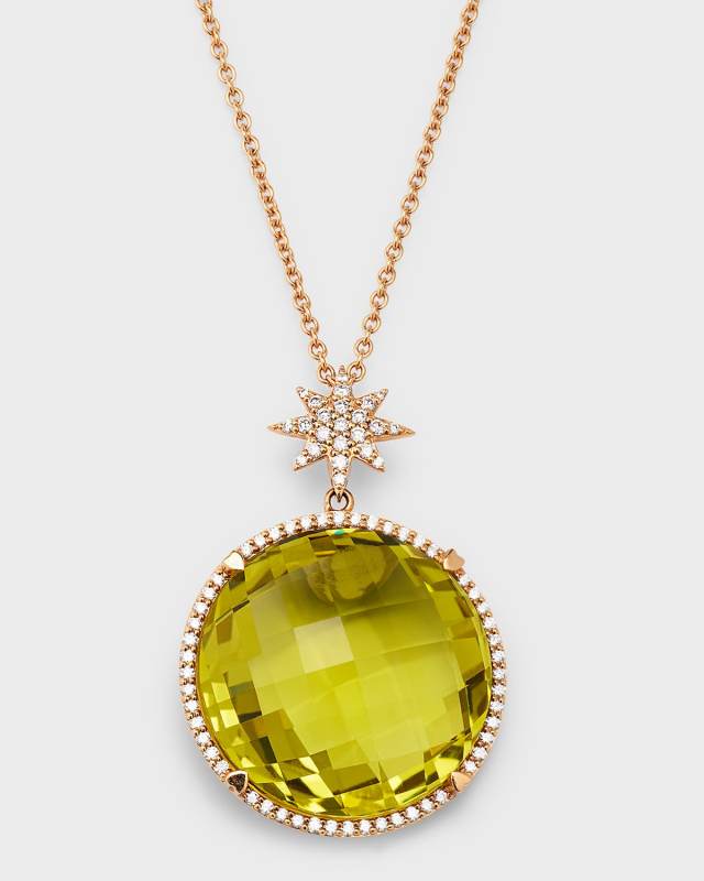 Rocks 18K Rose Gold Lemon Quartz Diamond Halo and Star Bail Pendant Necklace
