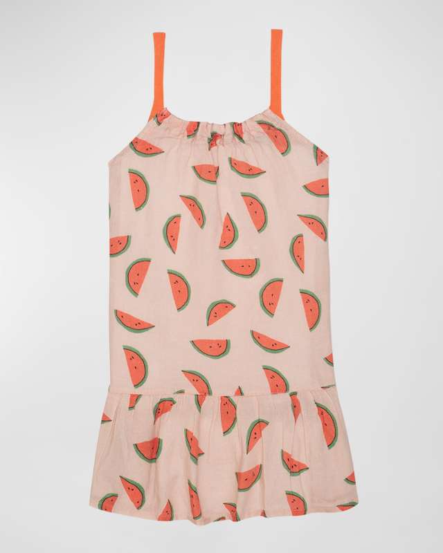 Girl's Watermelon-Print Sleeveless Linen Dress, Size 2-8