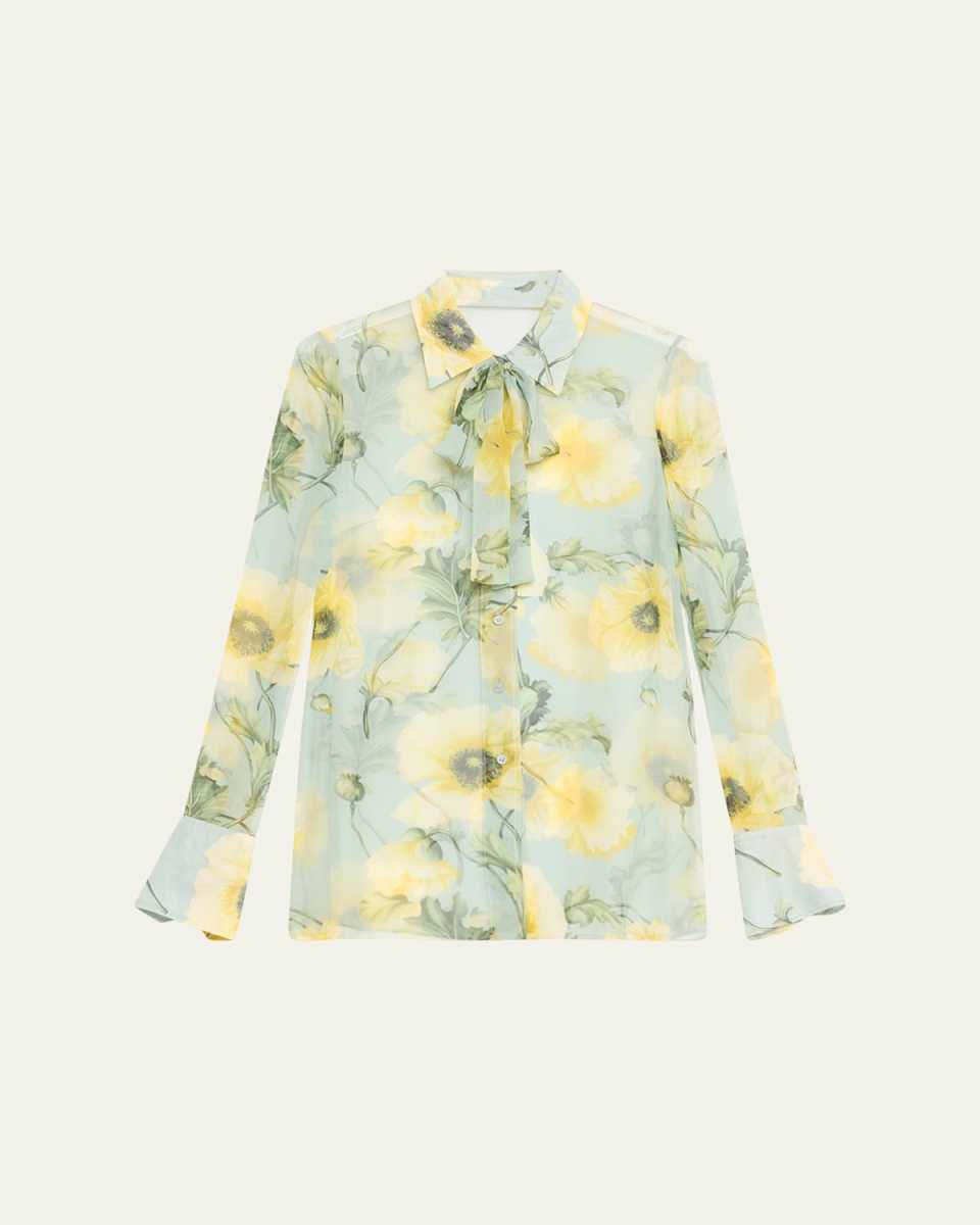 Floral Print Silk Chiffon Blouse with Tie Neckline