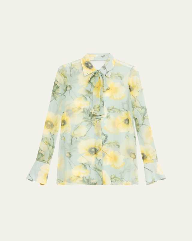 Floral Print Silk Chiffon Blouse with Tie Neckline