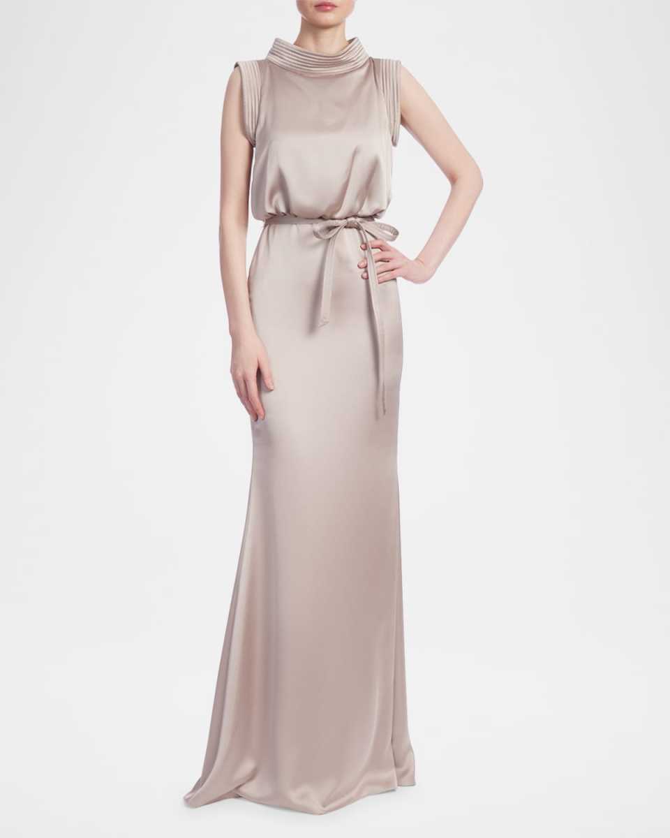 Sleeveless Topstitch Satin Column Gown