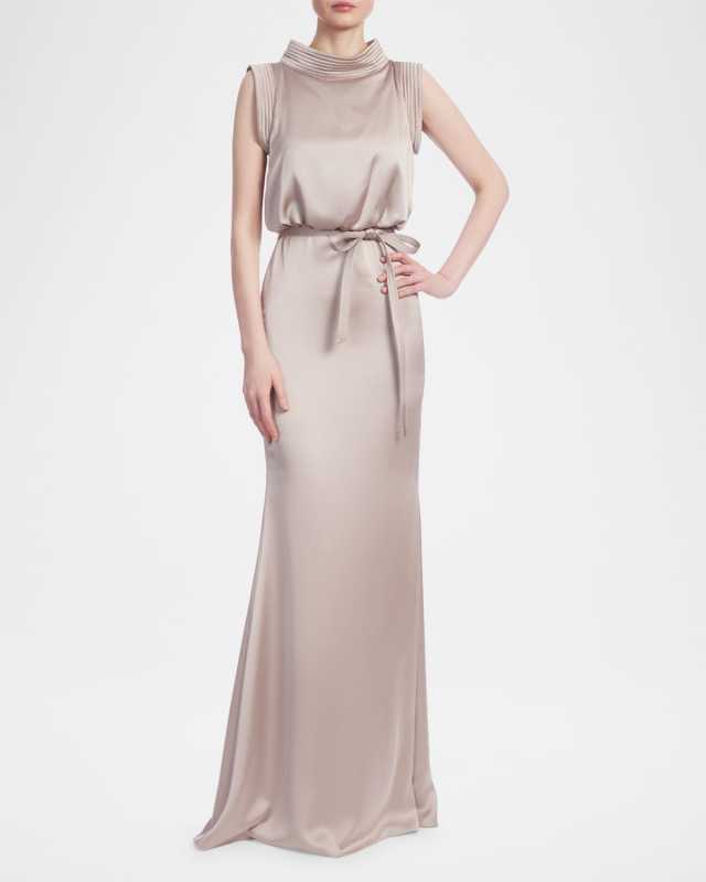 Sleeveless Topstitch Satin Column Gown