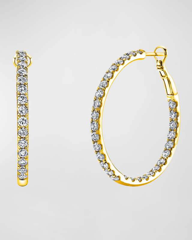 18K Gold Round Diamond Hoop Earrings, 5.1tcw/1.5"L