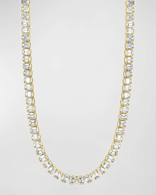 18K Gold 16" North South Bezel Set Emerald-Cut Diamond Tennis Necklace, 13.10tcw