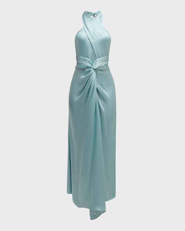 Plunging Halter Draped Open-Back Satin Maxi Dress