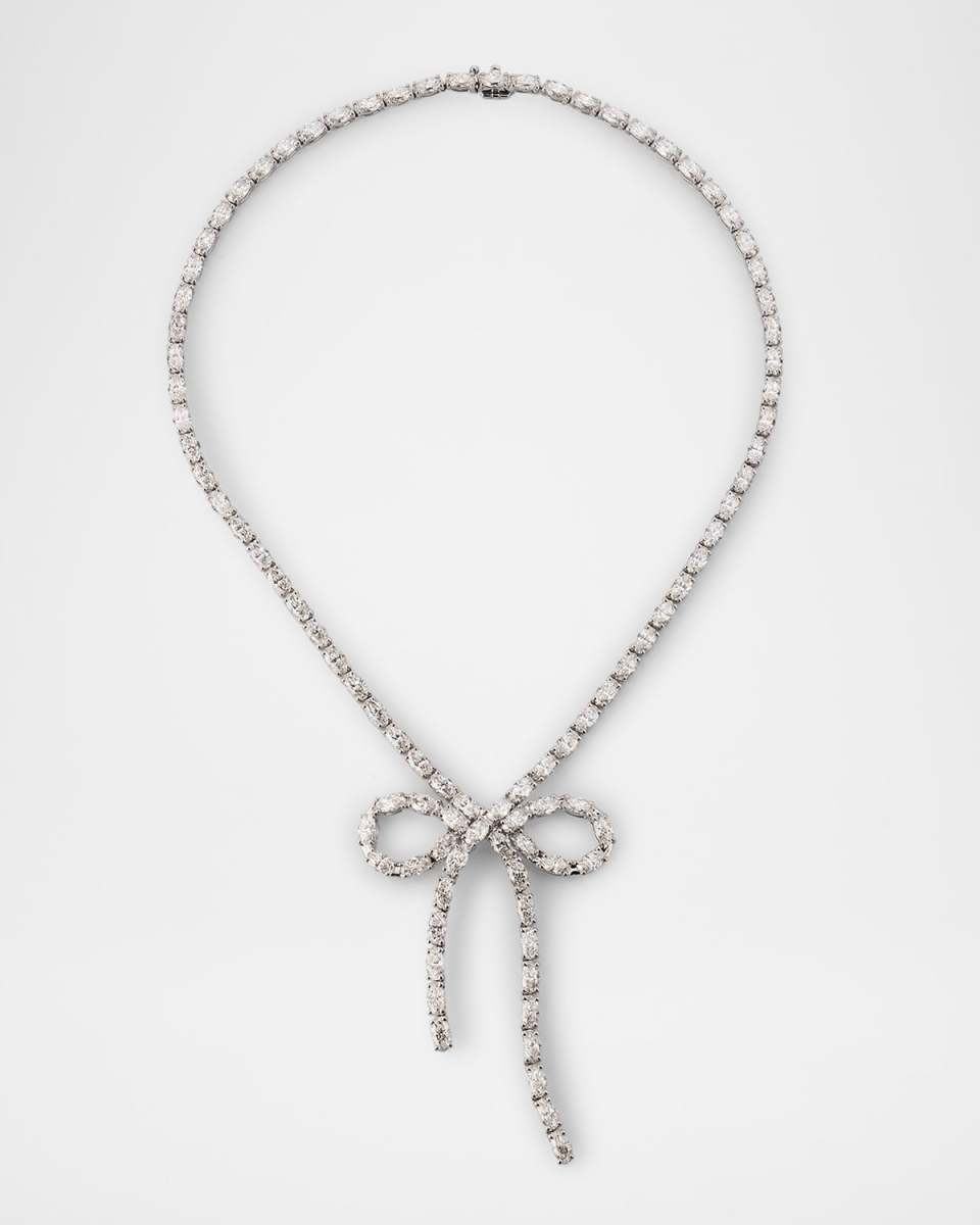 18K White Gold Oval Diamond Bow Necklace, 16"