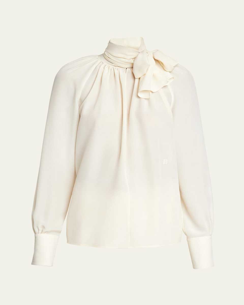 Embroidered 4G Long-Sleeve Tie-Neck Silk Blouse