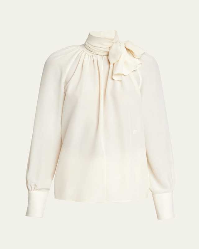 Embroidered 4G Long-Sleeve Tie-Neck Silk Blouse