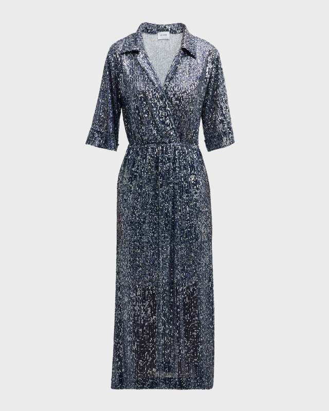 Sequin Embroidered Short-Sleeve Midi Shirtdress
