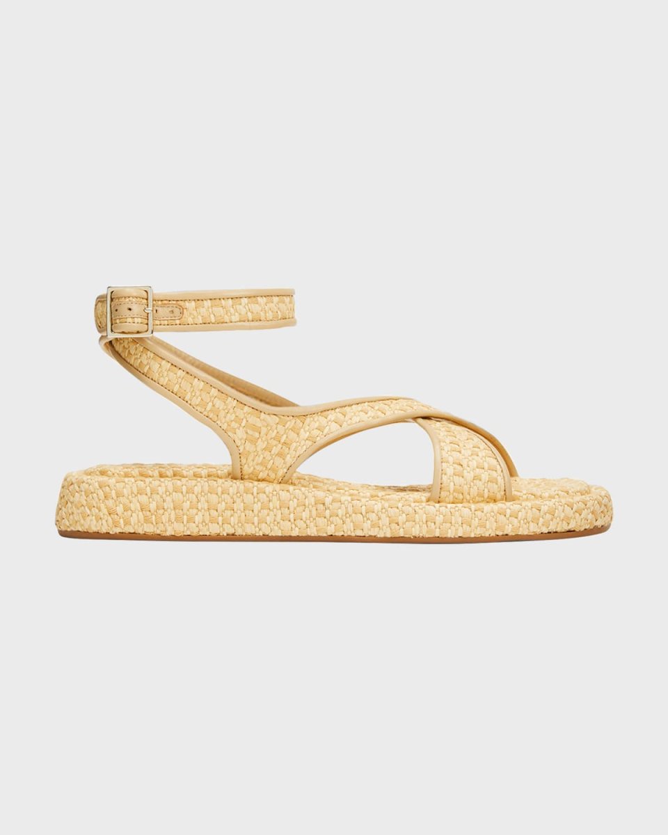 Woven Raffia Flat Ankle-Strap Sandals