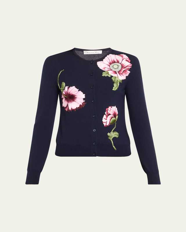 Wool Knit Cardigan with Threadwork Embroidered Poppies
