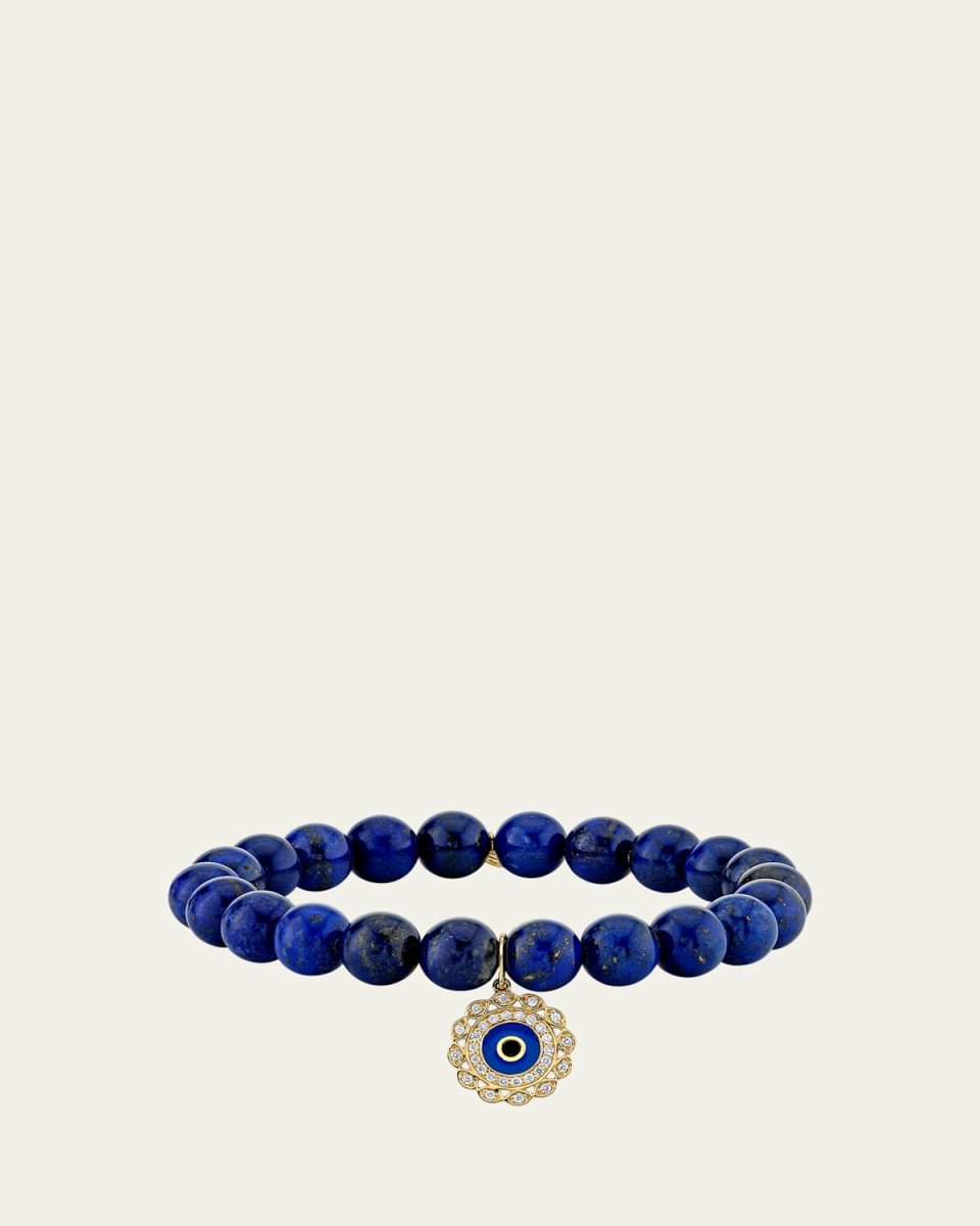 14K Yellow Gold Small Marquise Enamel Border Evil Eye Charm on Lapis Beaded Bracelet with Diamonds