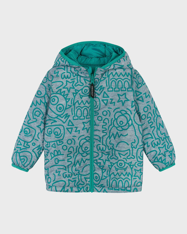 Boy's Monsters-Print Reversible Puffer Jacket, Size Newborn-24M