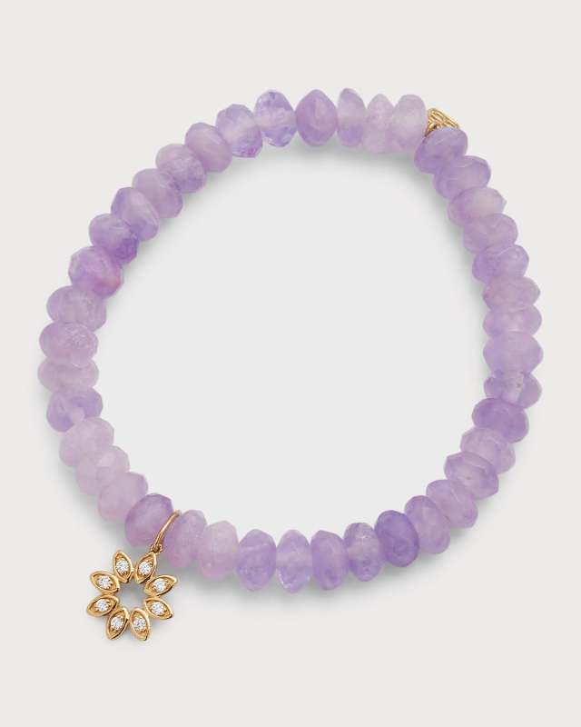 6mm Faceted Lavender Amethyst Rondelle Bracelet With Diamond Marquis Flower Charm