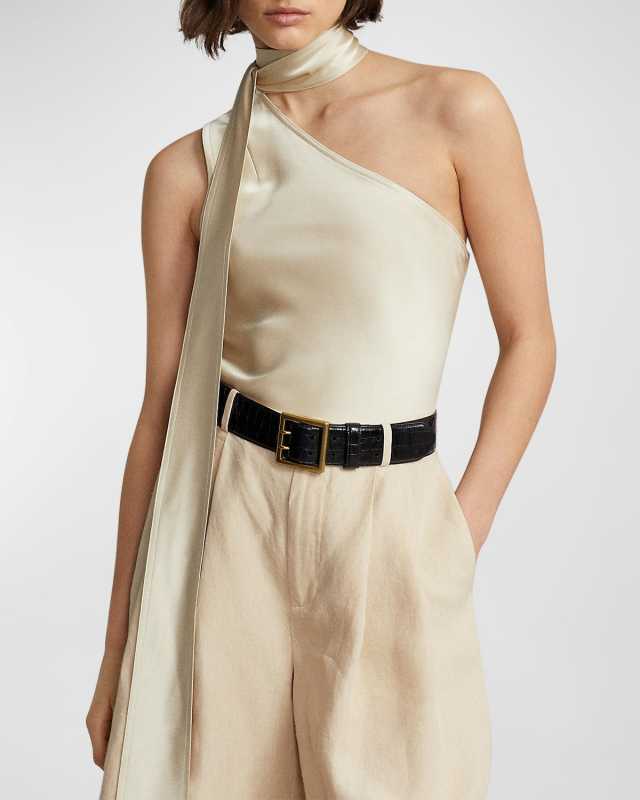 One-Shoulder Satin Tie-Neck Top