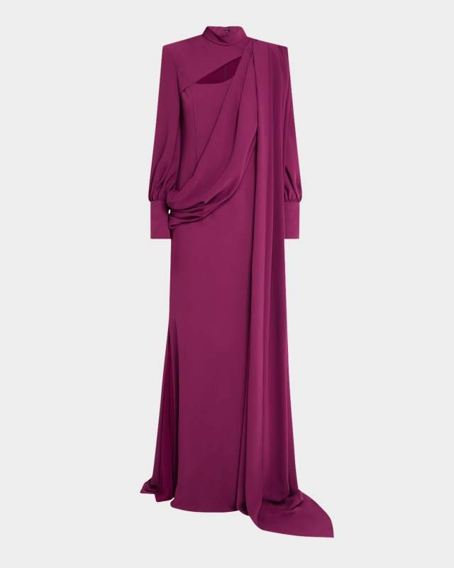 Dina Slit Long-Sleeve Drape Gown